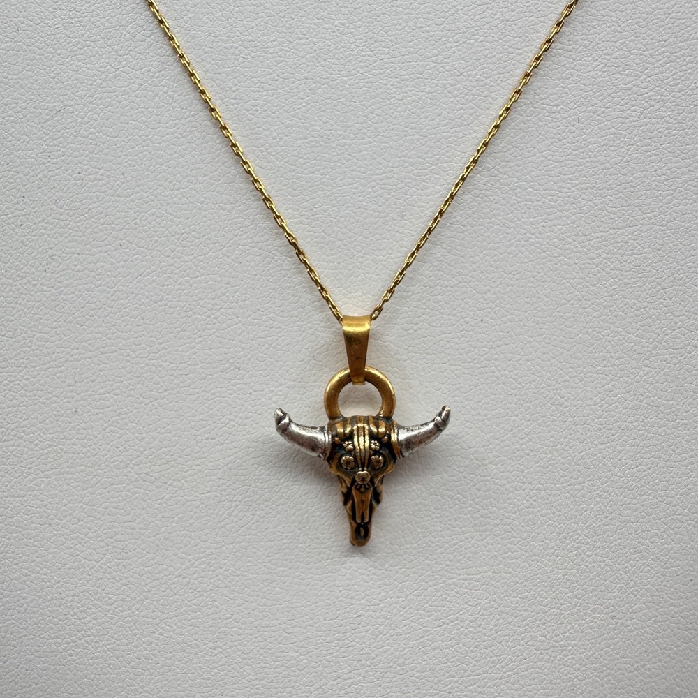 Western Longhorn Bull Skull Pendant Necklace Gold Tone Boho Cowgirl Vintage Gift